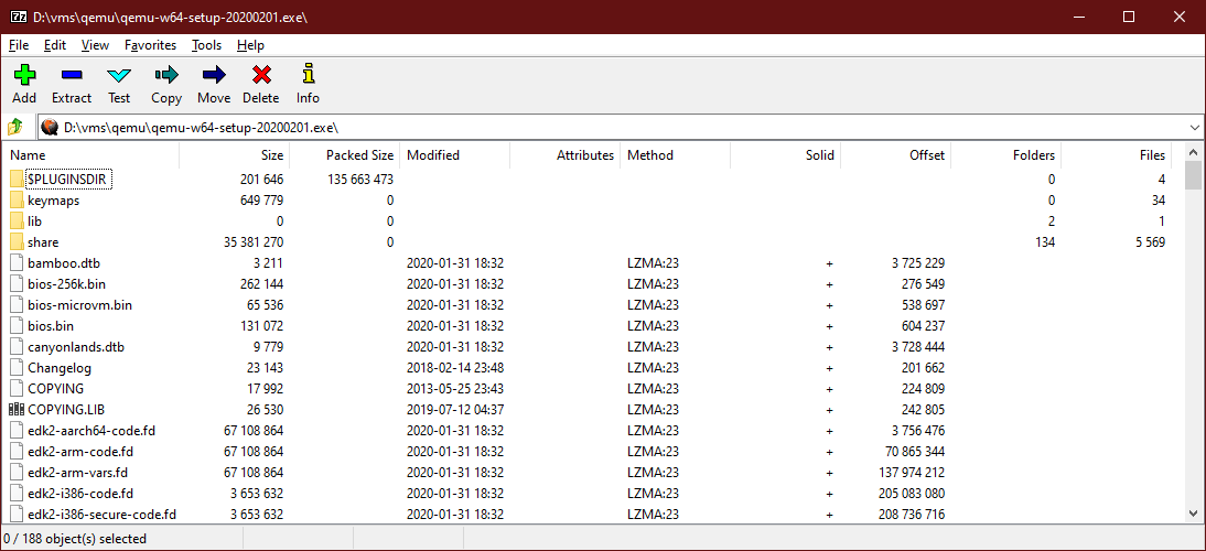 Instalador de QEMU visualizado en el programa de compresión 7-zip